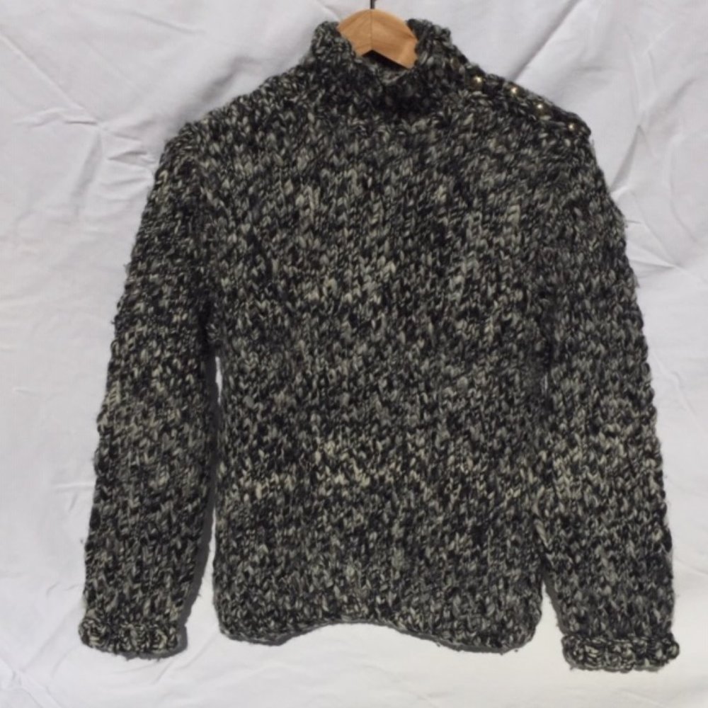 Polo by Ralph Lauren hand knit, 100% wool, Black/grey, button neck sweater